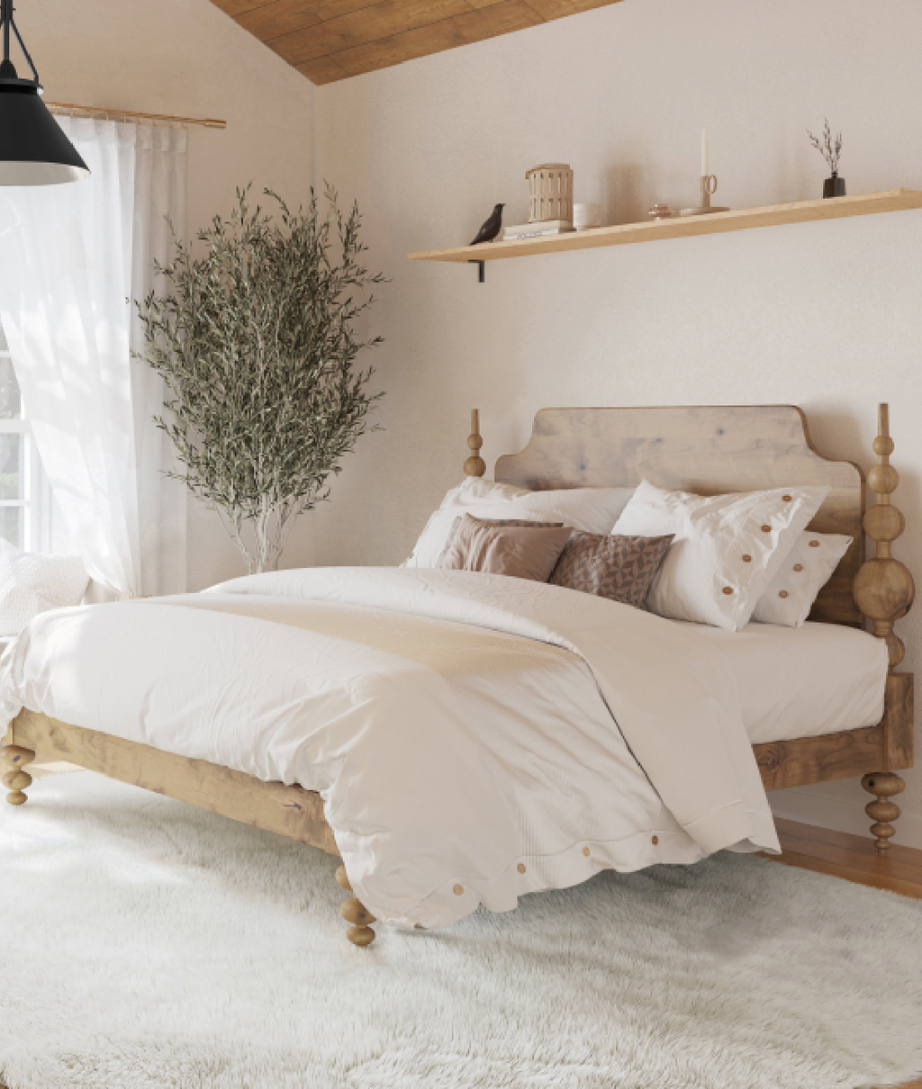 Opal Light Walnut Mango Wood Bed – Rustic Solid Wood King Queen Bed with Turned Wooden Posts - DOBRI ARTS AU