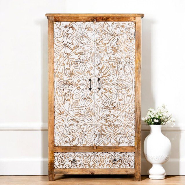 Ornate Whitewashed Mandala Carved Wooden Storage Cabinet - DOBRI ARTS AU