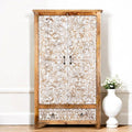 Ornate Whitewashed Mandala Carved Wooden Storage Cabinet - DOBRI ARTS AU