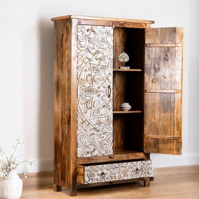 Ornate Whitewashed Mandala Carved Wooden Storage Cabinet - DOBRI ARTS AU