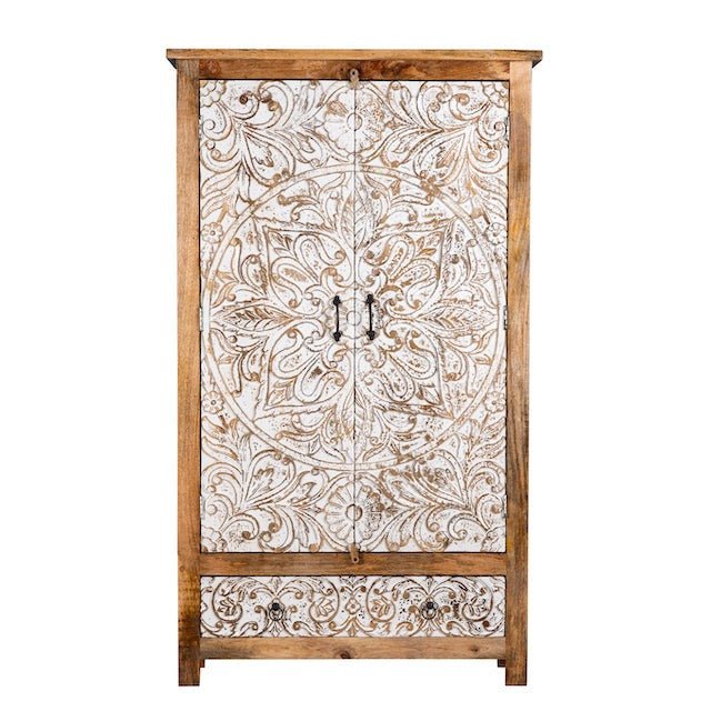 Ornate Whitewashed Mandala Carved Wooden Storage Cabinet - DOBRI ARTS AU