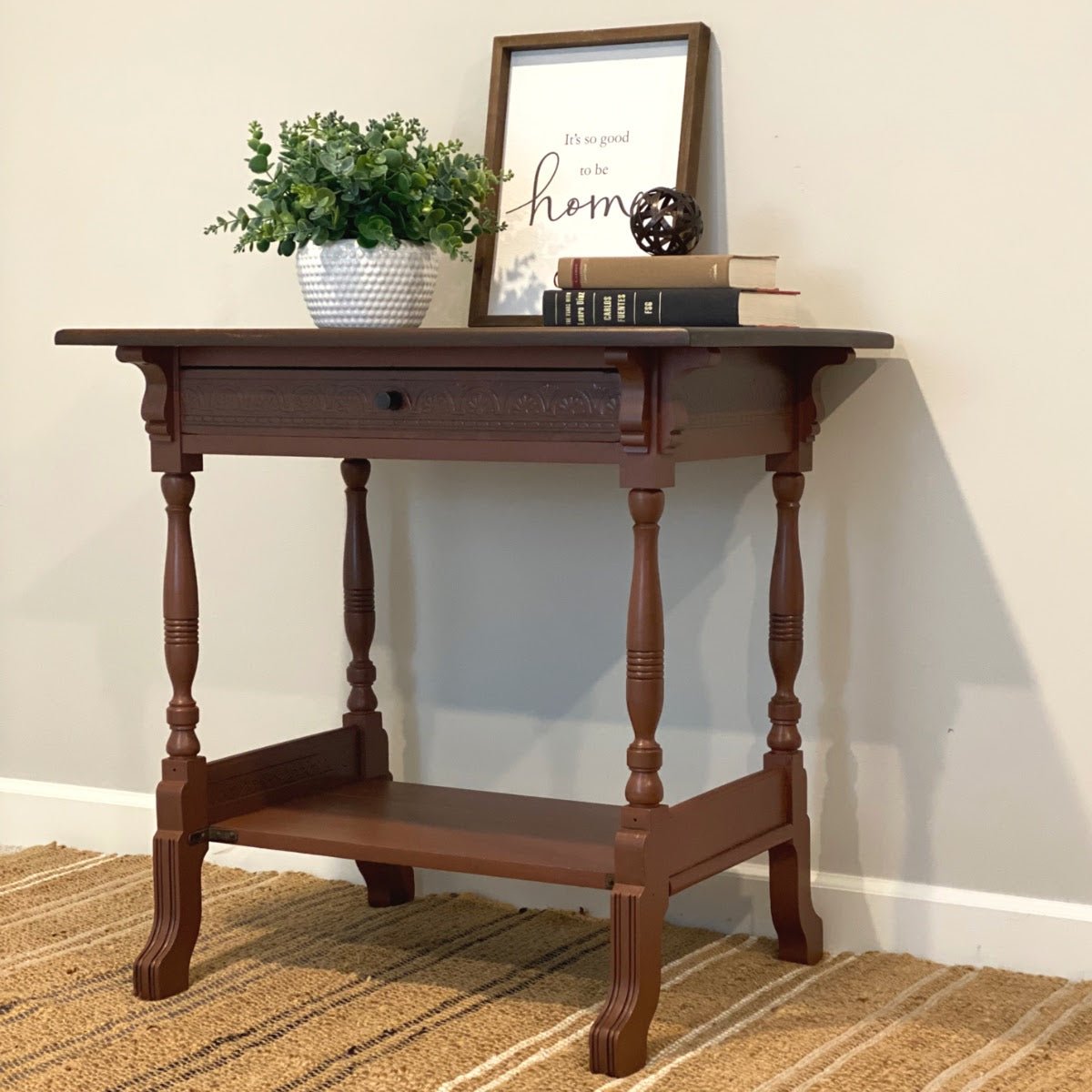 Palladio Carved Solid Wood Console Table – Traditional Hallway Side Table with Drawer, Lower Shelf & Turned Legs, Light Walnut Finish - DOBRI ARTS AU
