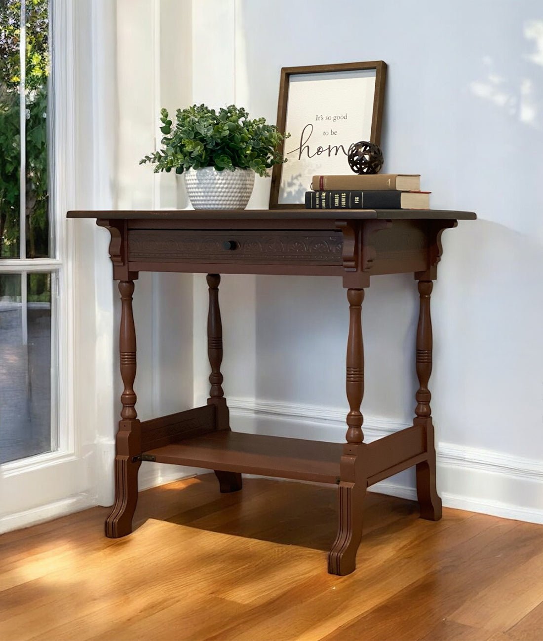 Palladio Carved Solid Wood Console Table – Traditional Hallway Side Table with Drawer, Lower Shelf & Turned Legs, Light Walnut Finish - DOBRI ARTS AU