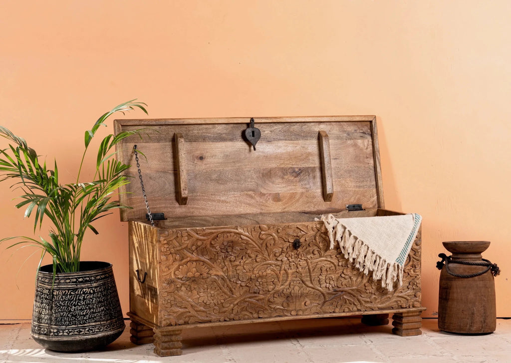 Pani Floral Hand-Carved Mango Wood Storage Chest – Natural Finish Trunk - DOBRI ARTS AU