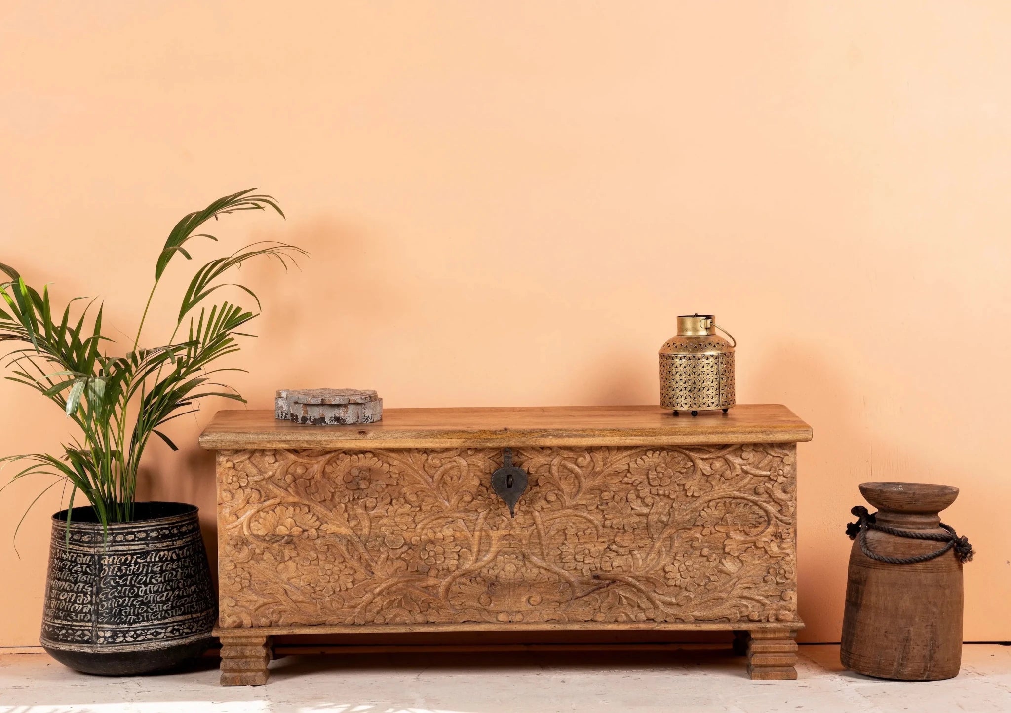 Pani Floral Hand-Carved Mango Wood Storage Chest – Natural Finish Trunk - DOBRI ARTS AU