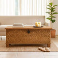 Pani Floral Hand-Carved Mango Wood Storage Chest – Natural Finish Trunk - DOBRI ARTS AU