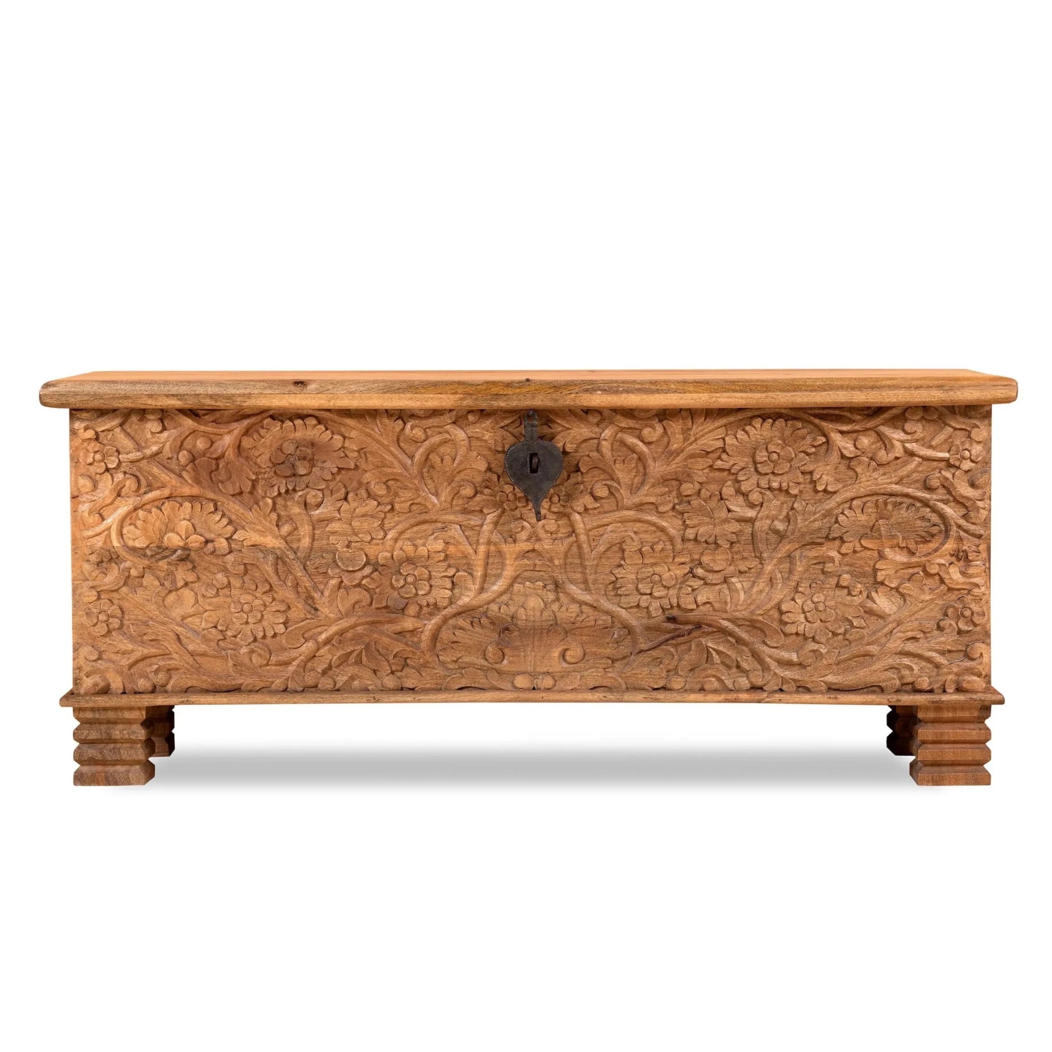 Pani Floral Hand-Carved Mango Wood Storage Chest – Natural Finish Trunk - DOBRI ARTS AU