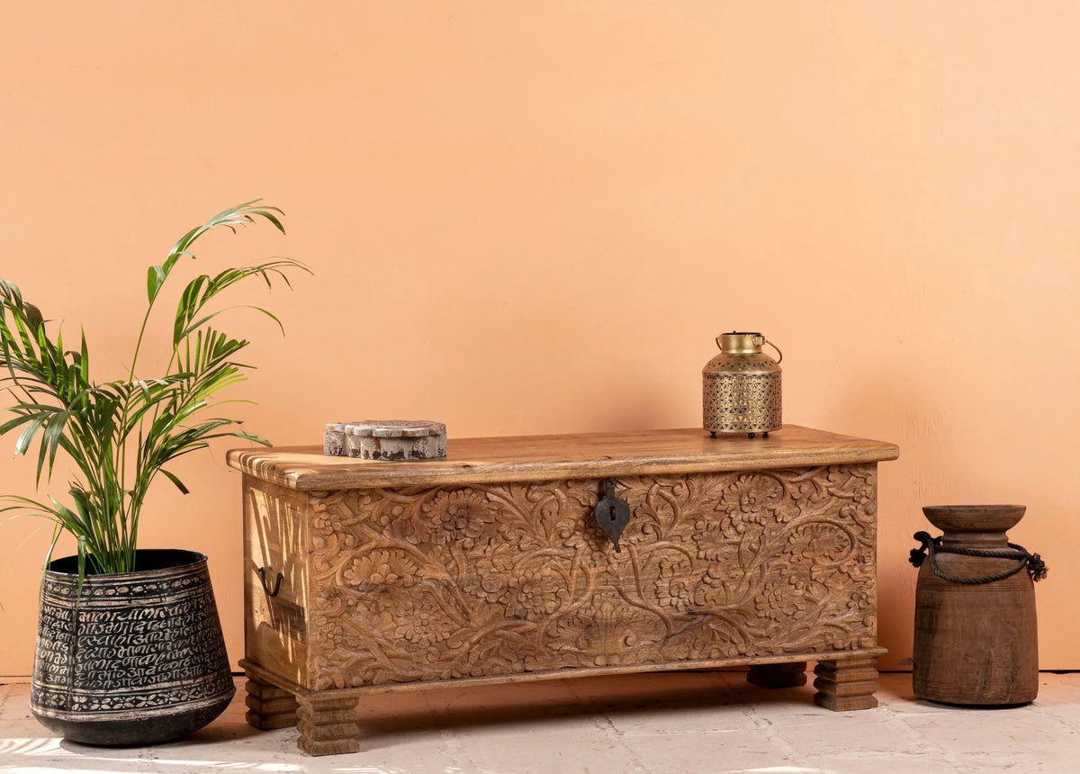 Pani Floral Hand-Carved Mango Wood Storage Chest – Natural Finish Trunk - DOBRI ARTS AU