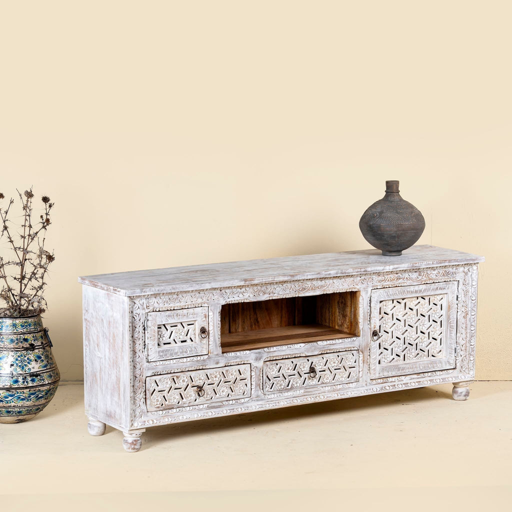 Pari Hand-Carved Mango Wood Lowboard with Geometric Jali Panels - DOBRI ARTS AU