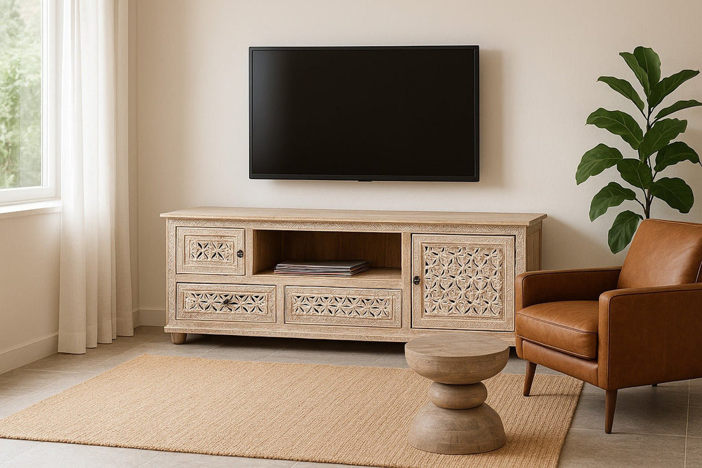 Pari Hand-Carved Mango Wood Lowboard with Geometric Jali Panels - DOBRI ARTS AU