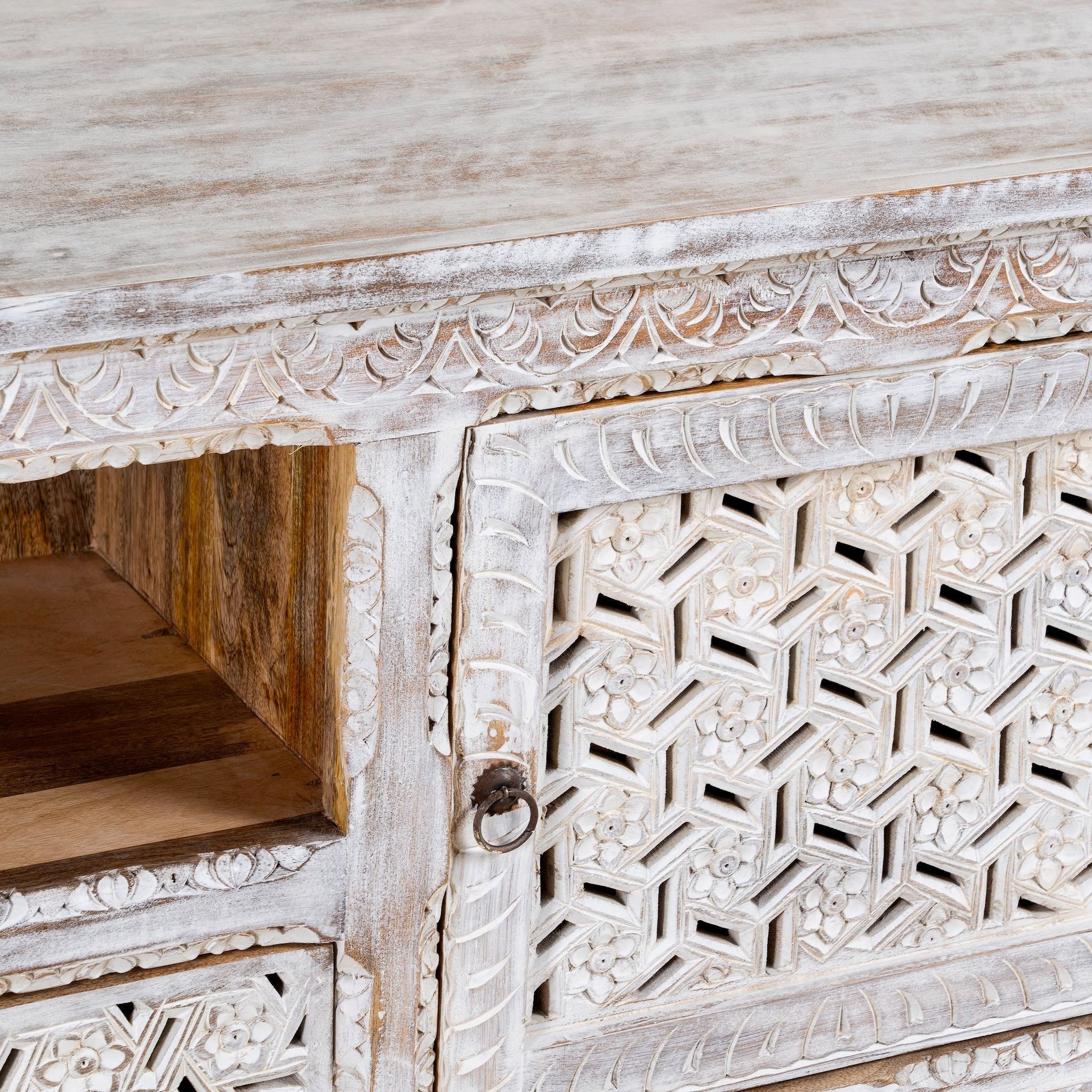 Pari Hand-Carved Mango Wood Lowboard with Geometric Jali Panels - DOBRI ARTS AU