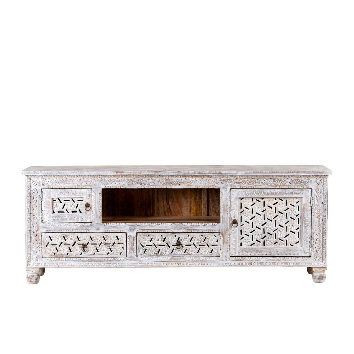 Pari Hand-Carved Mango Wood Lowboard with Geometric Jali Panels - DOBRI ARTS AU
