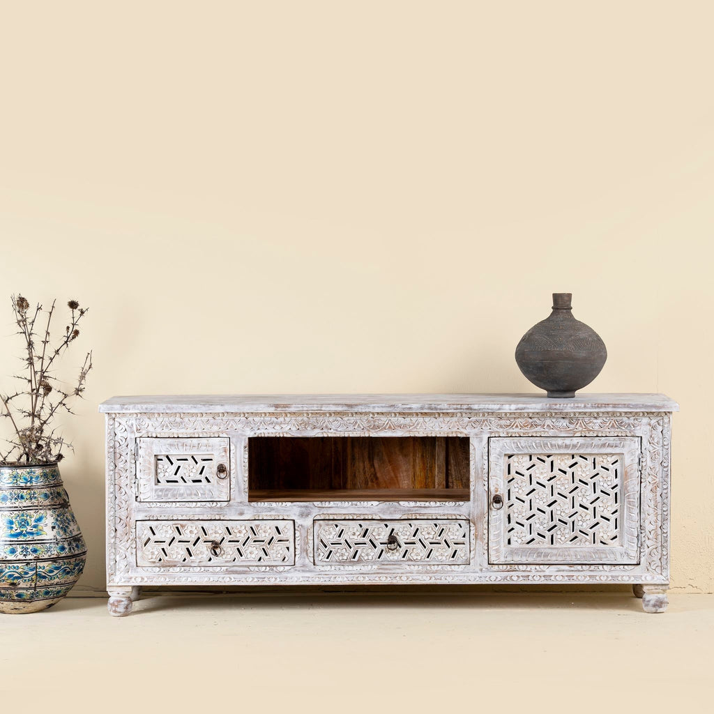 Pari Hand-Carved Mango Wood Lowboard with Geometric Jali Panels - DOBRI ARTS AU