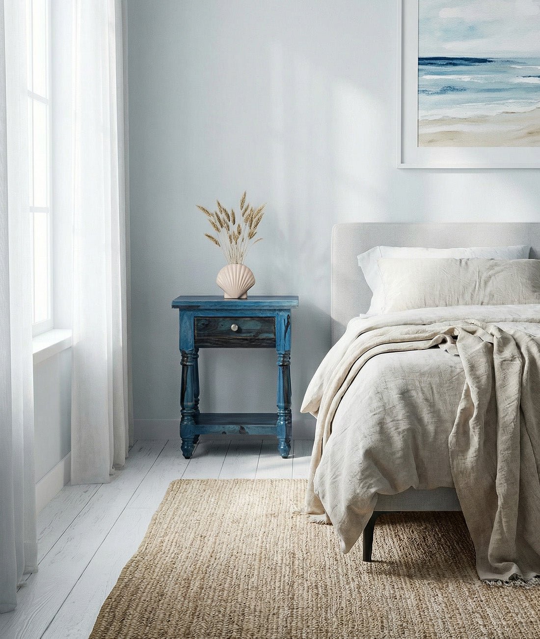 Parth Repton Blue Sheesham Bedside Table – Solid Wood Nightstand with Drawer, Turned Legs, Lower Shelf & Rustic Accent - DOBRI ARTS AU