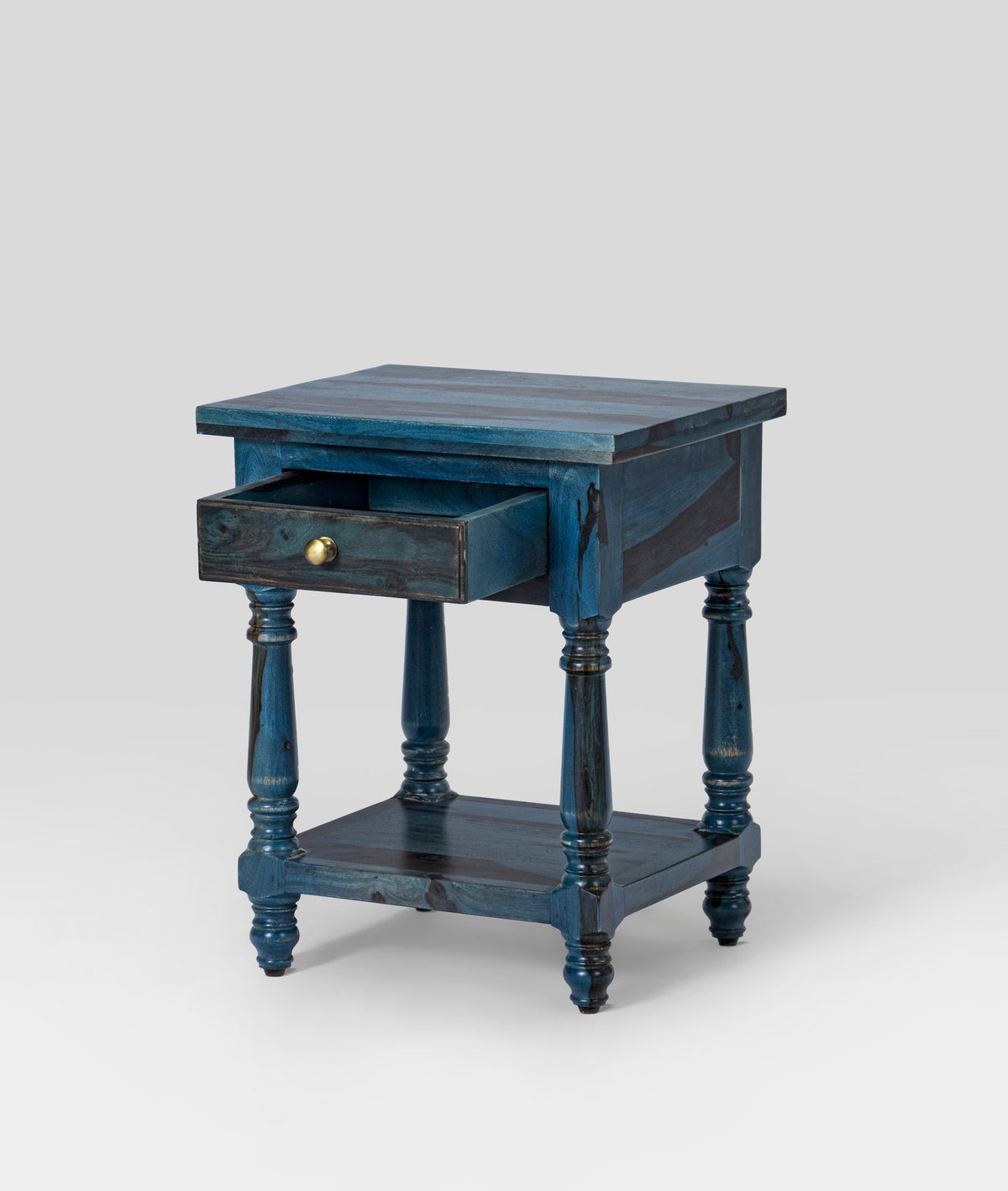 Parth Repton Blue Sheesham Bedside Table – Solid Wood Nightstand with Drawer, Turned Legs, Lower Shelf & Rustic Accent - DOBRI ARTS AU