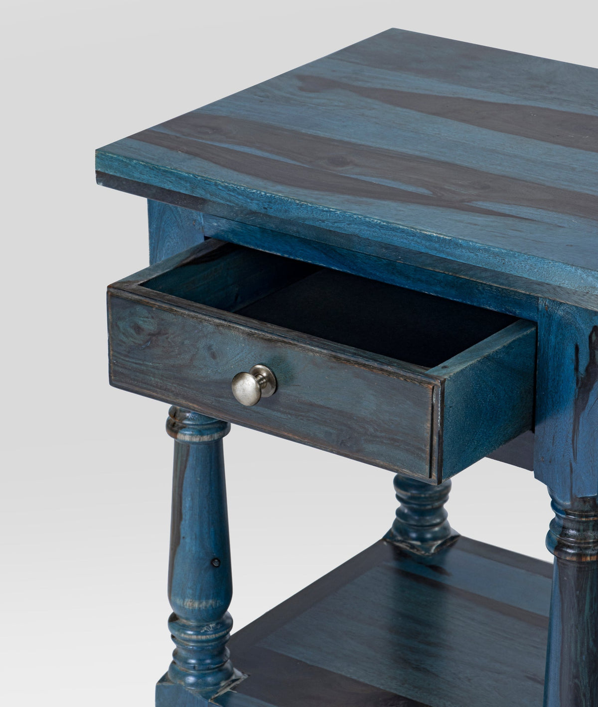 Parth Repton Blue Sheesham Bedside Table – Solid Wood Nightstand with Drawer, Turned Legs, Lower Shelf & Rustic Accent - DOBRI ARTS AU