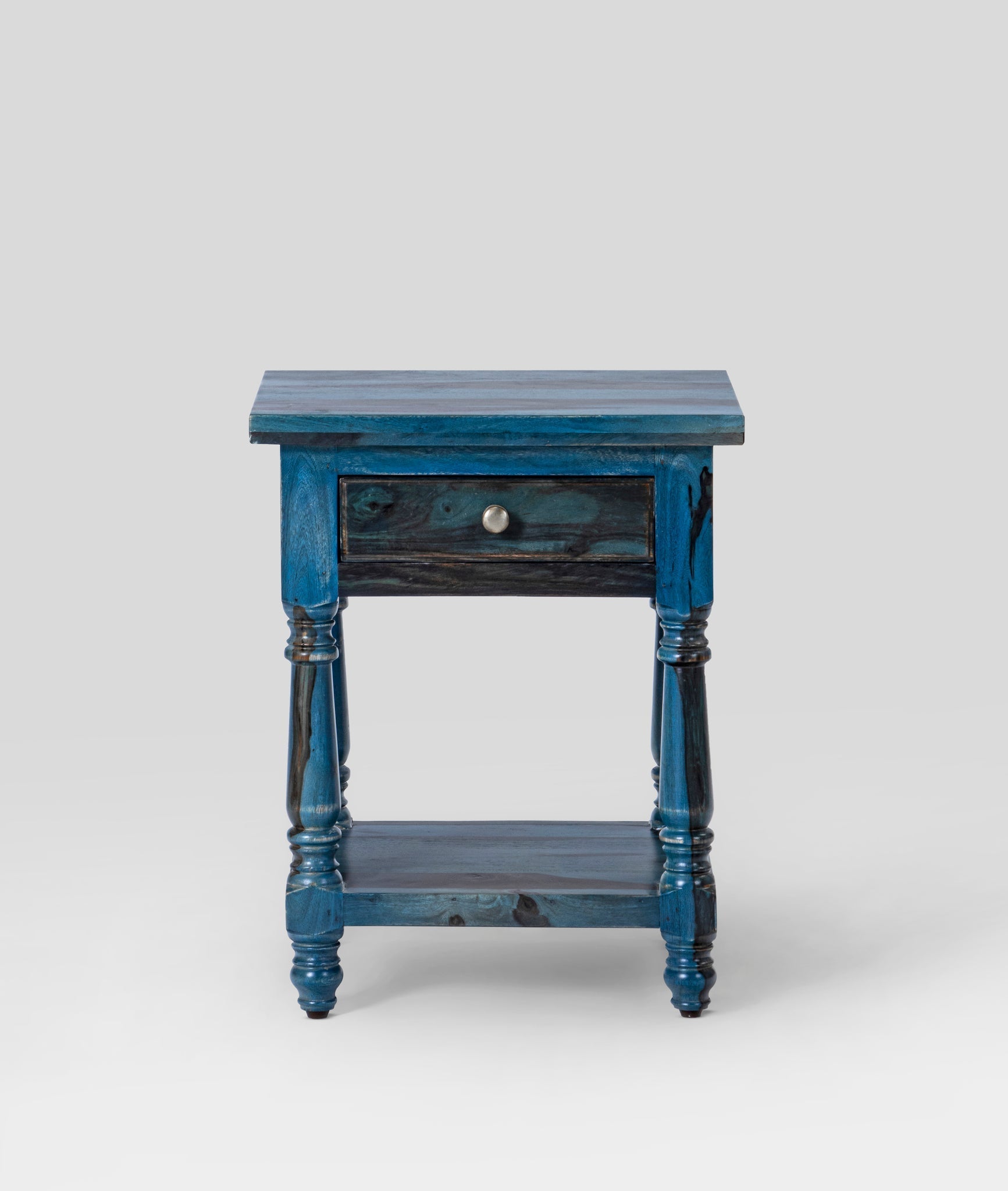 Parth Repton Blue Sheesham Bedside Table – Solid Wood Nightstand with Drawer, Turned Legs, Lower Shelf & Rustic Accent - DOBRI ARTS AU