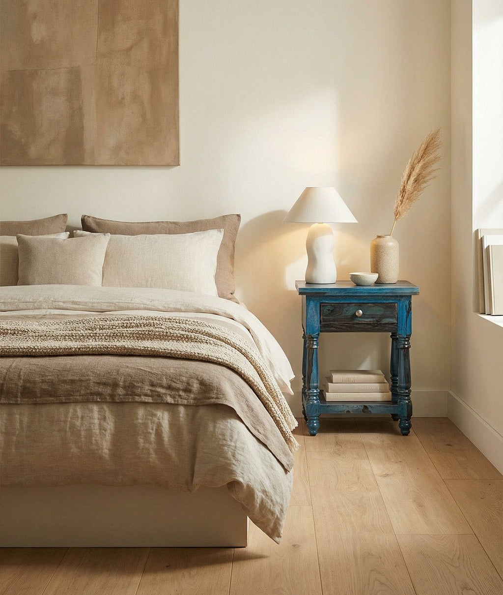 Parth Repton Blue Sheesham Bedside Table – Solid Wood Nightstand with Drawer, Turned Legs, Lower Shelf & Rustic Accent - DOBRI ARTS AU
