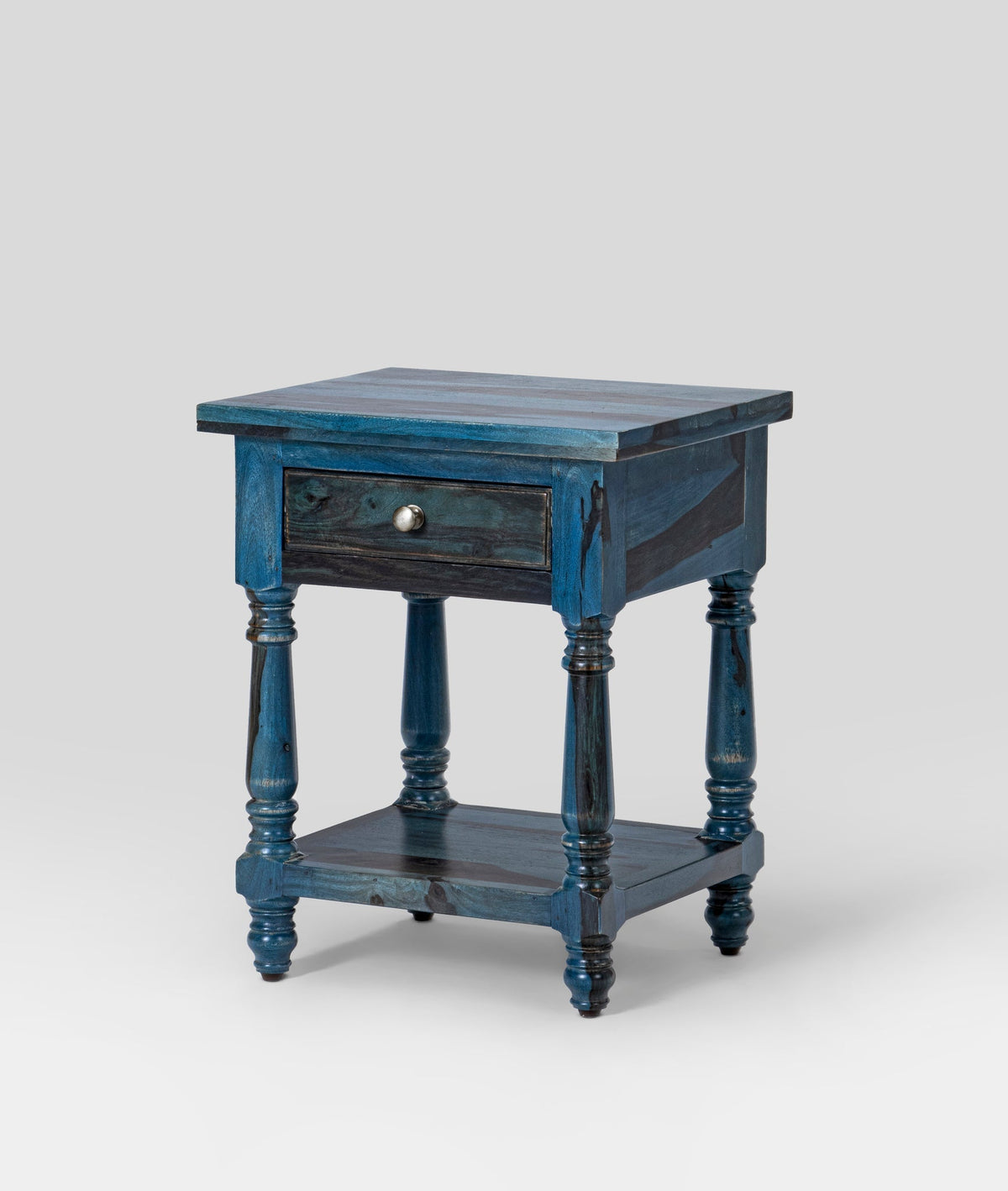 Parth Repton Blue Sheesham Bedside Table – Solid Wood Nightstand with Drawer, Turned Legs, Lower Shelf & Rustic Accent - DOBRI ARTS AU