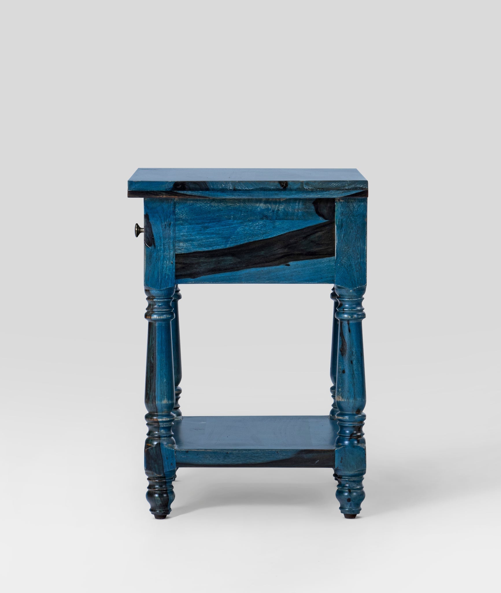 Parth Repton Blue Sheesham Bedside Table – Solid Wood Nightstand with Drawer, Turned Legs, Lower Shelf & Rustic Accent - DOBRI ARTS AU