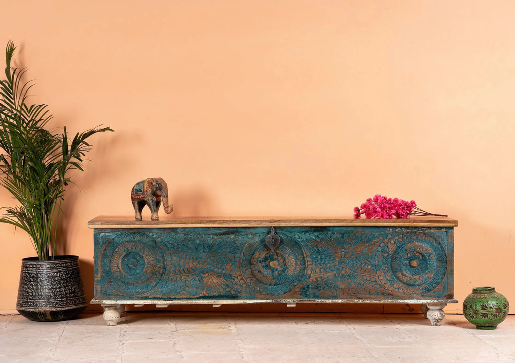 Ponneri Teal Hand-Carved Mango Wood Vintage Storage Chest - DOBRI ARTS AU