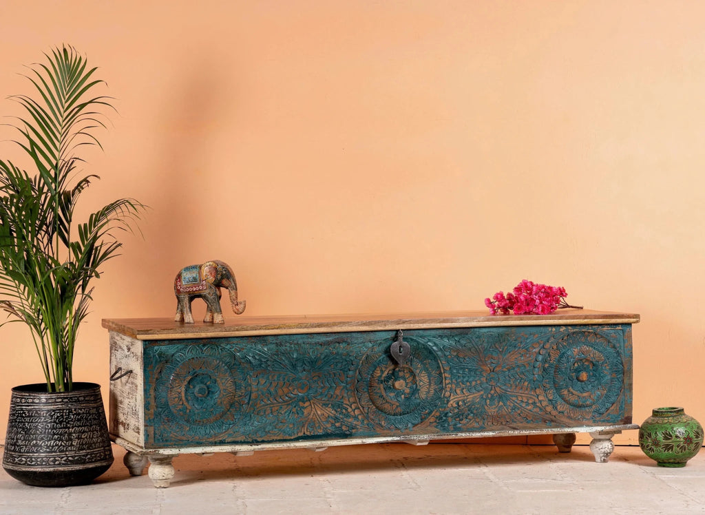 Ponneri Teal Hand-Carved Mango Wood Vintage Storage Chest - DOBRI ARTS AU