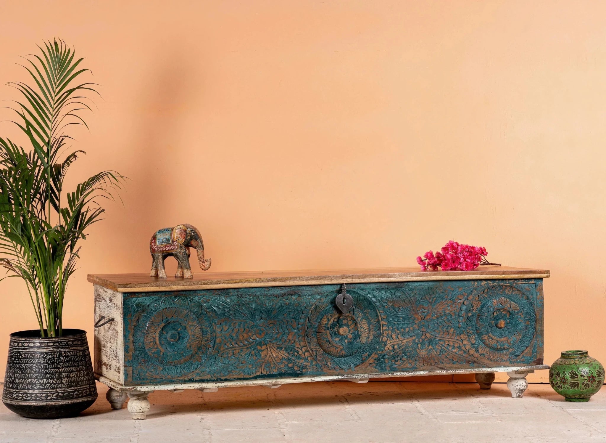Ponneri Teal Hand-Carved Mango Wood Vintage Storage Chest - DOBRI ARTS AU