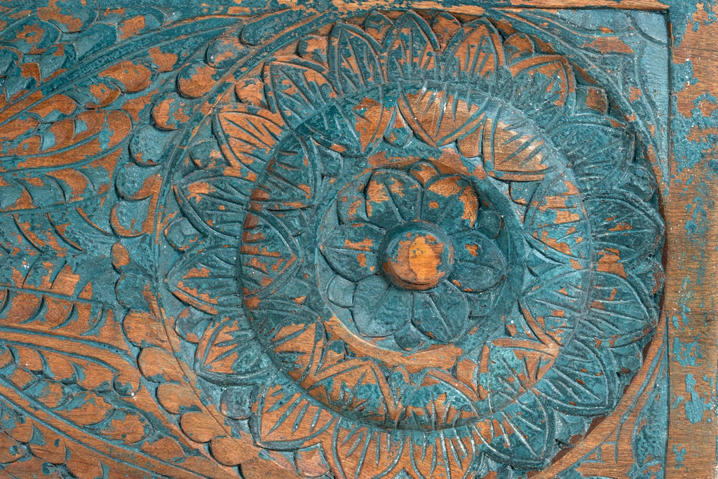 Ponneri Teal Hand-Carved Mango Wood Vintage Storage Chest - DOBRI ARTS AU