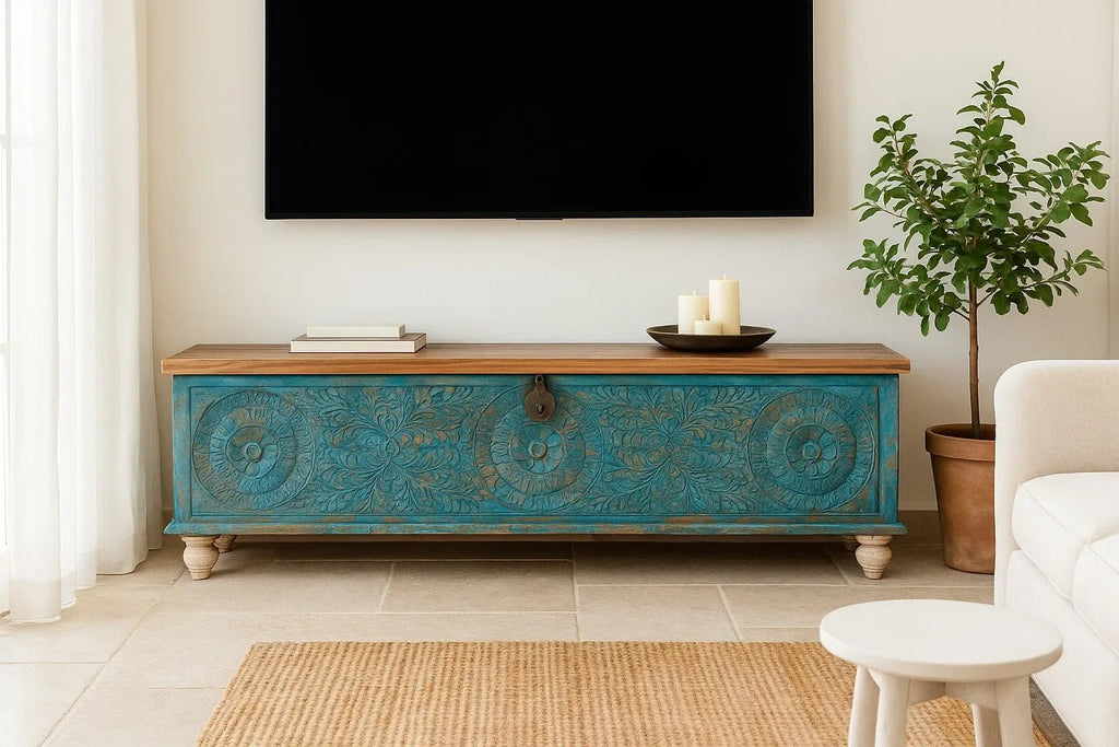 Ponneri Teal Hand-Carved Mango Wood Vintage Storage Chest - DOBRI ARTS AU