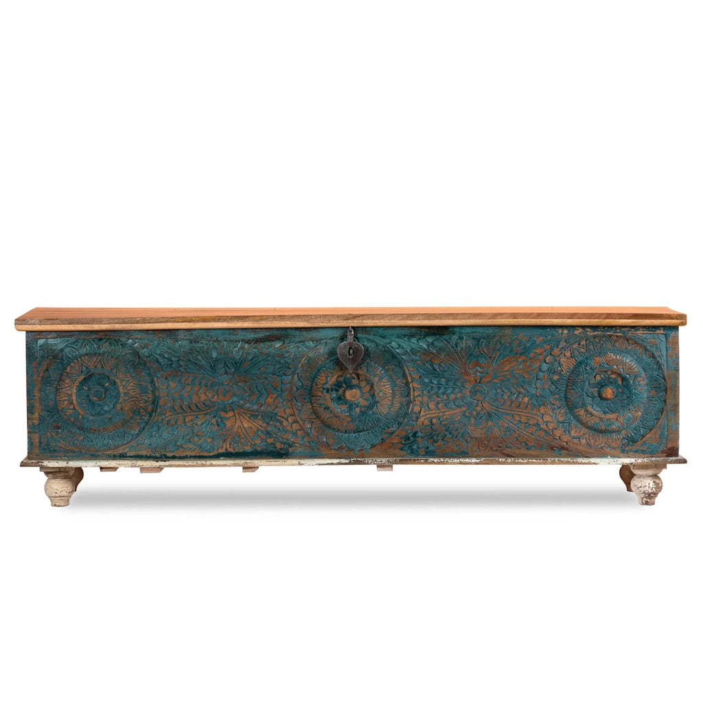 Ponneri Teal Hand-Carved Mango Wood Vintage Storage Chest - DOBRI ARTS AU