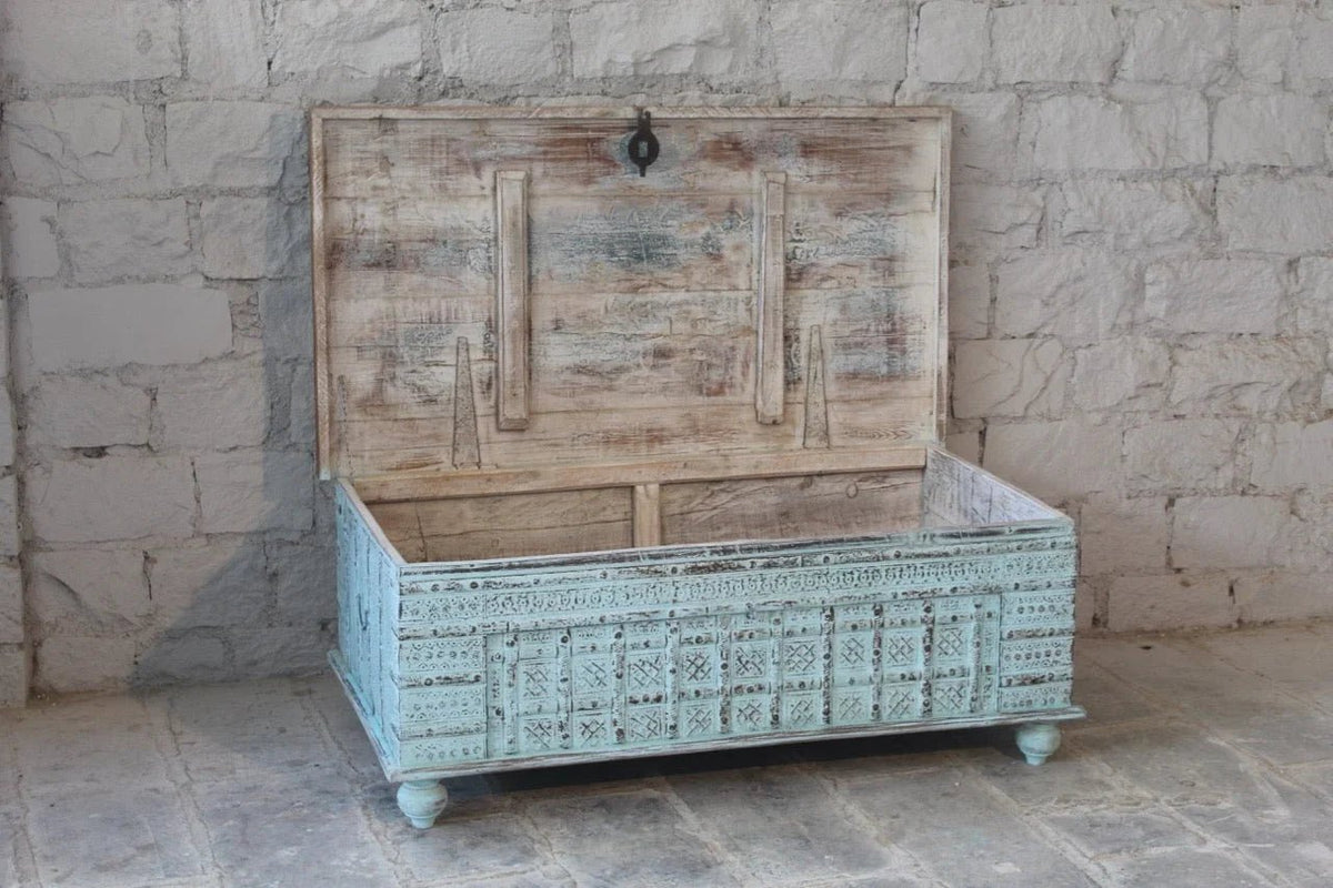 Pradarshan Antique-Style Distressed Blue Mango Wood Storage Chest - DOBRI ARTS AU