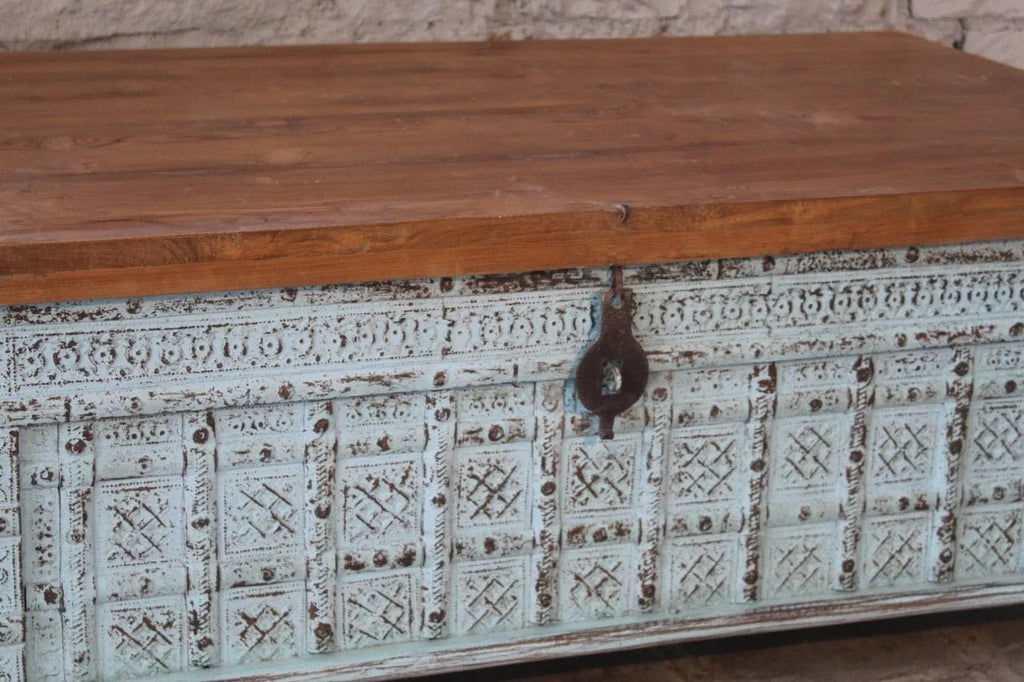 Pradarshan Antique-Style Distressed Blue Mango Wood Storage Chest - DOBRI ARTS AU