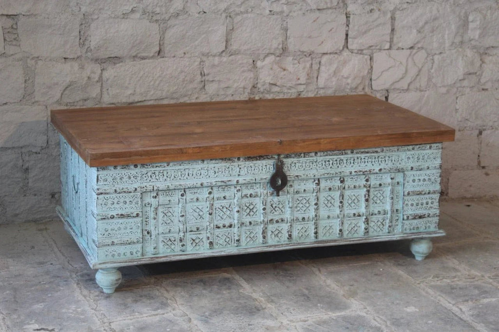Pradarshan Antique-Style Distressed Blue Mango Wood Storage Chest - DOBRI ARTS AU