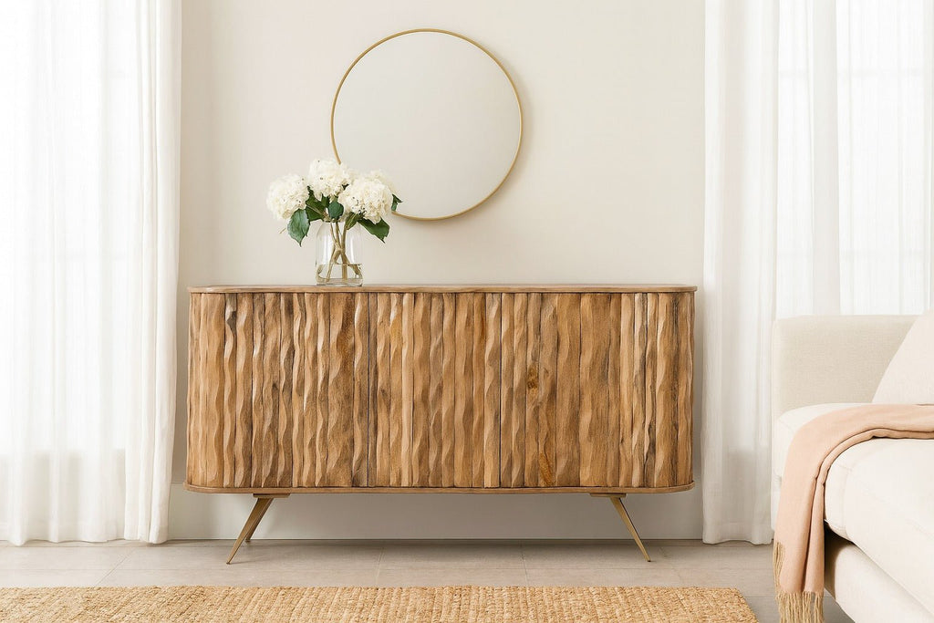 Prajna Sculpted Mango Wood Sideboard with Metal Legs - DOBRI ARTS AU