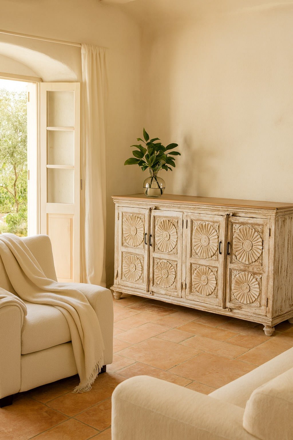 Quarim Hand-Carved Whitewashed Mango Wood Sideboard - DOBRI ARTS AU