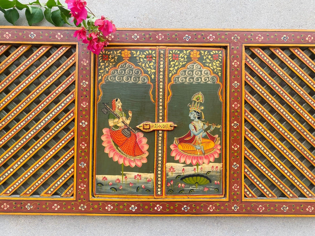 Radha Krishna Hand-Painted Wooden Jharokha Window Panel - DOBRI ARTS AU
