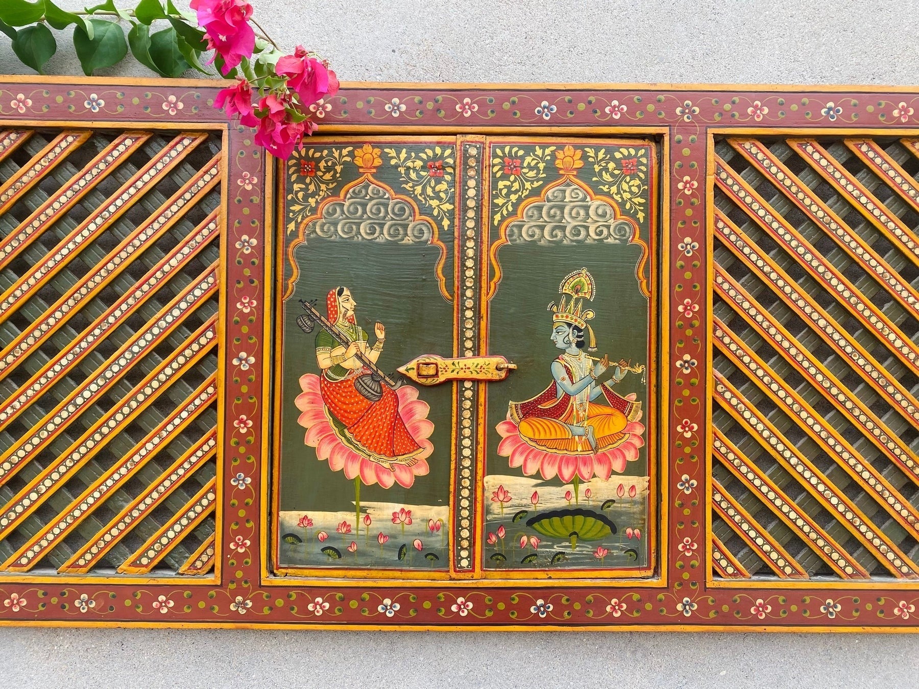 Radha Krishna Hand-Painted Wooden Jharokha Window Panel - DOBRI ARTS AU