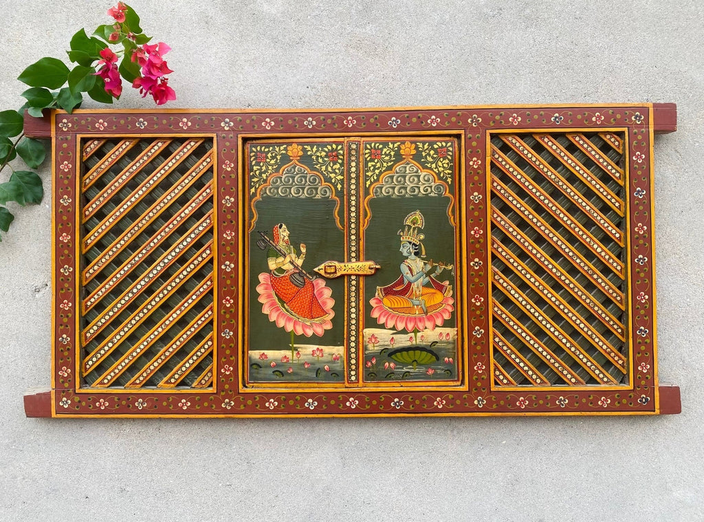 Radha Krishna Hand-Painted Wooden Jharokha Window Panel - DOBRI ARTS AU