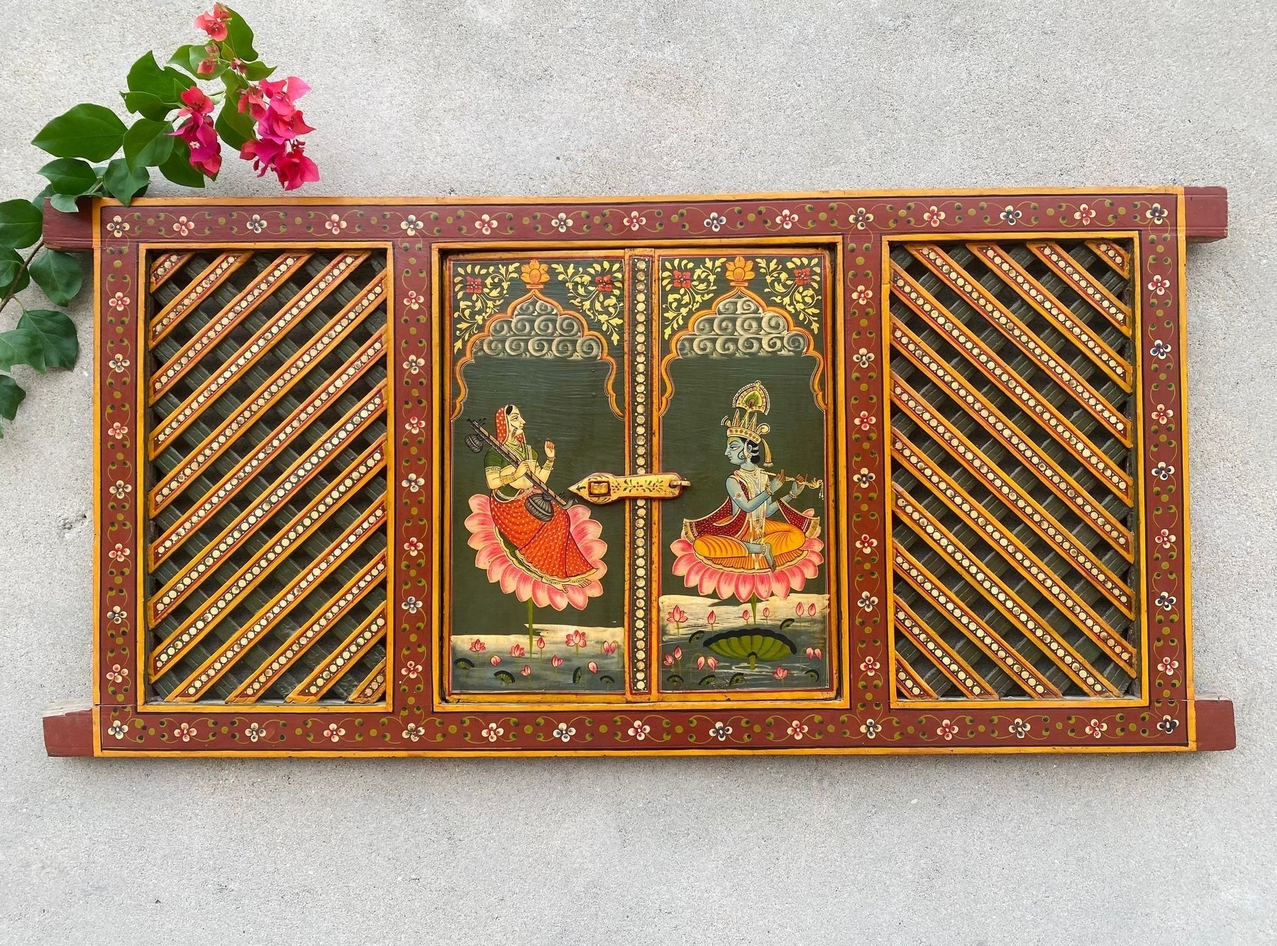 Radha Krishna Hand-Painted Wooden Jharokha Window Panel - DOBRI ARTS AU