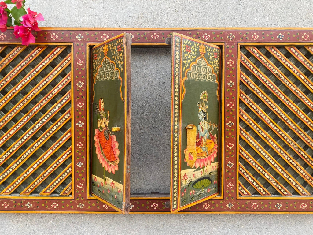 Radha Krishna Hand-Painted Wooden Jharokha Window Panel - DOBRI ARTS AU