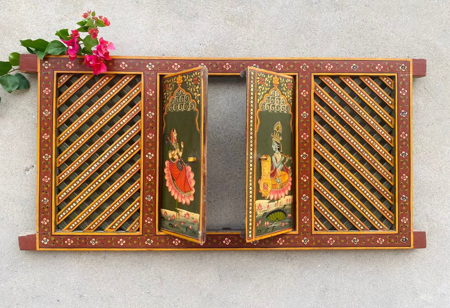 Radha Krishna Hand-Painted Wooden Jharokha Window Panel - DOBRI ARTS AU