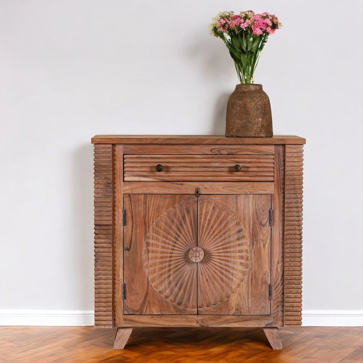 Radiant Sunburst Carved Wooden Cabinet with Ribbed Side Panels - DOBRI ARTS AU