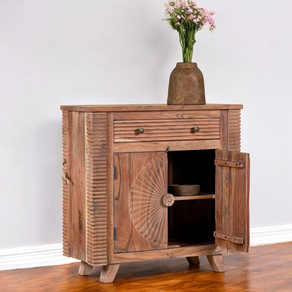 Radiant Sunburst Carved Wooden Cabinet with Ribbed Side Panels - DOBRI ARTS AU