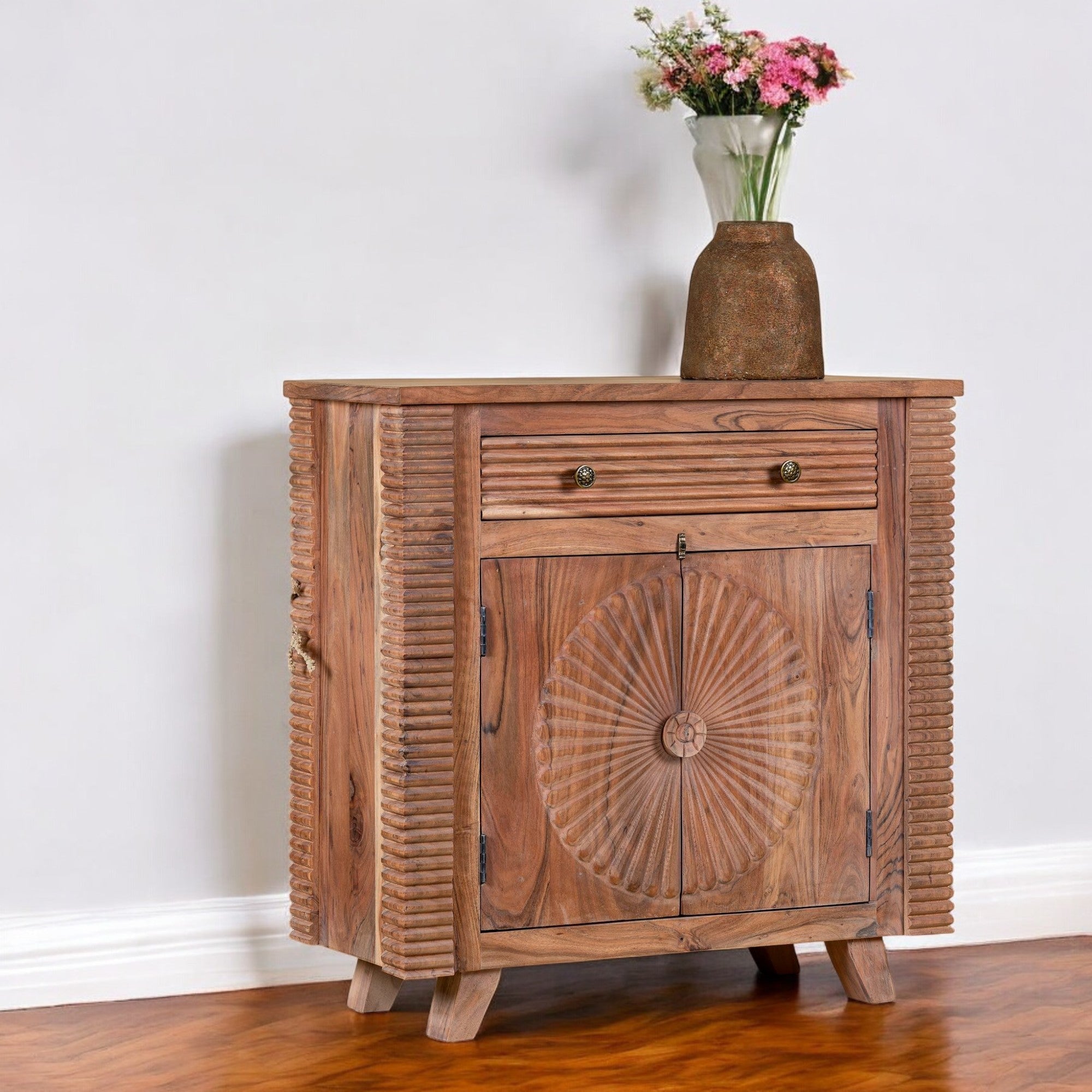 Radiant Sunburst Carved Wooden Cabinet with Ribbed Side Panels - DOBRI ARTS AU