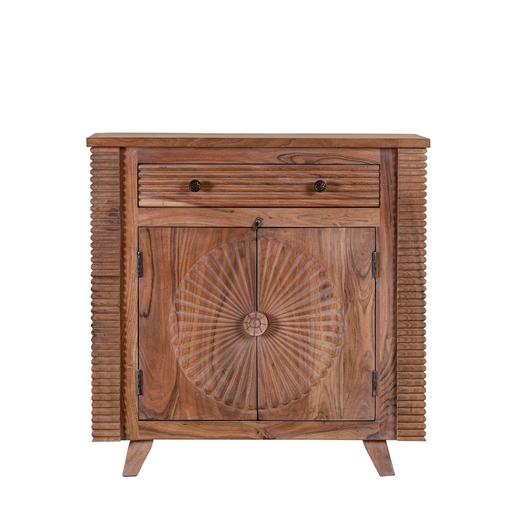 Radiant Sunburst Carved Wooden Cabinet with Ribbed Side Panels - DOBRI ARTS AU