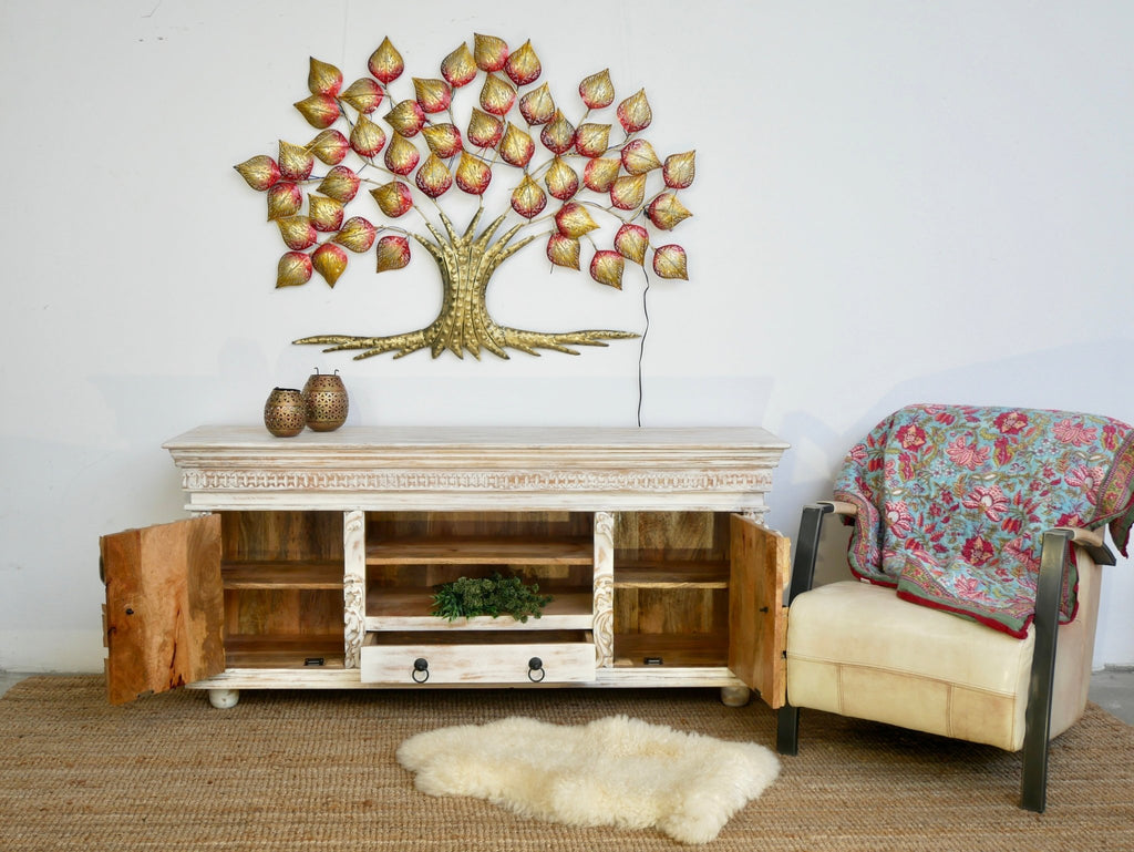 Raichur Hand-Carved White Mango Wood Lowboard with Central Drawer - DOBRI ARTS AU