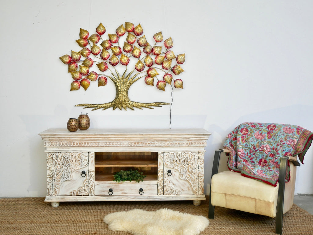 Raichur Hand-Carved White Mango Wood Lowboard with Central Drawer - DOBRI ARTS AU