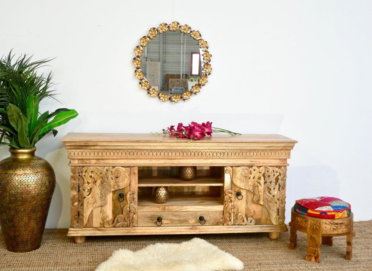 Raichur Natural Hand-Carved Mango Wood TV Lowboard - DOBRI ARTS AU