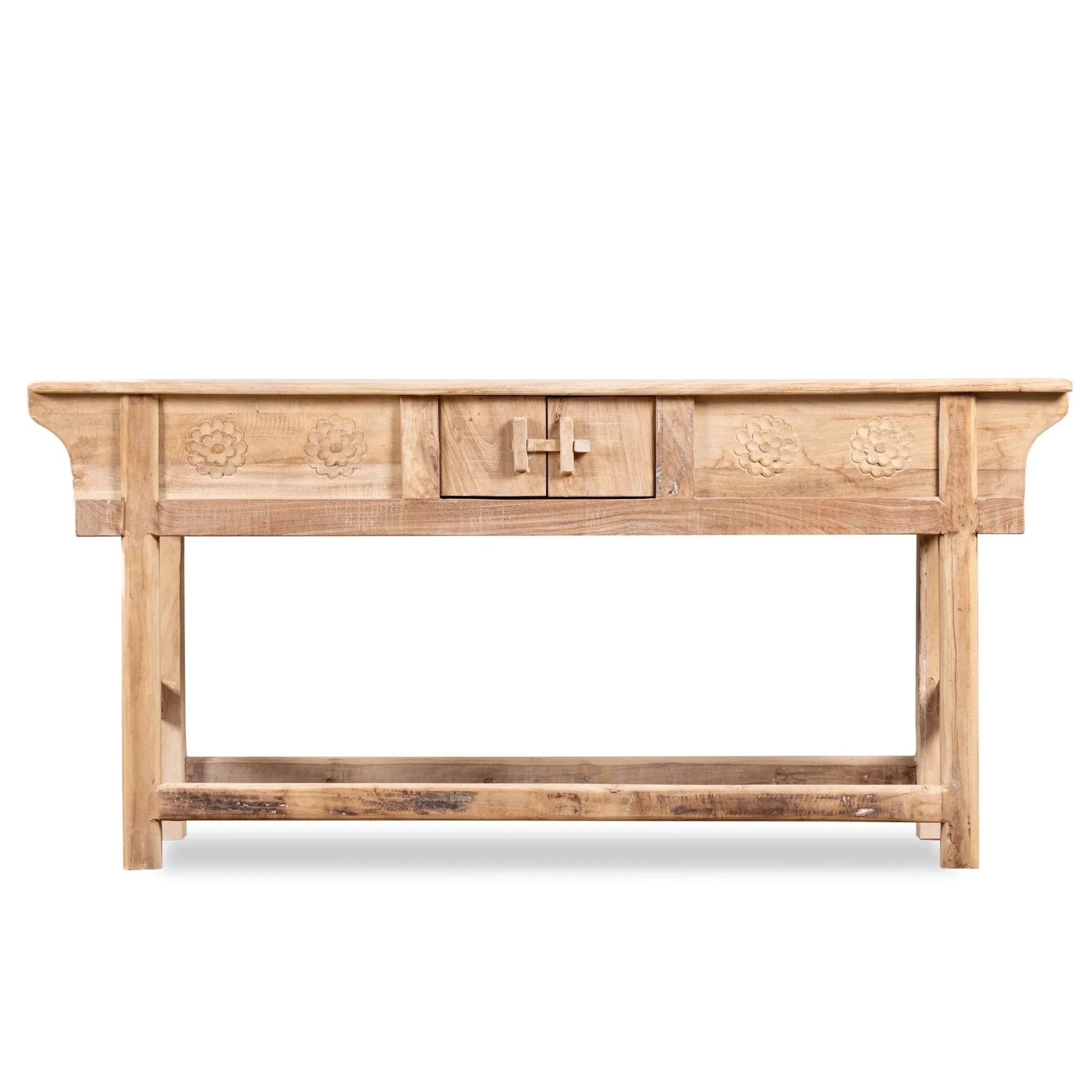 Ramlal Reclaimed Teak Rustic Console Table with Floral Carved Panels - DOBRI ARTS AU