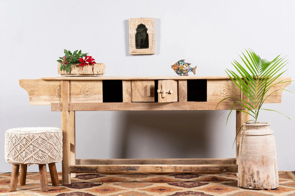 Ramlal Reclaimed Teak Rustic Console Table with Floral Carved Panels - DOBRI ARTS AU